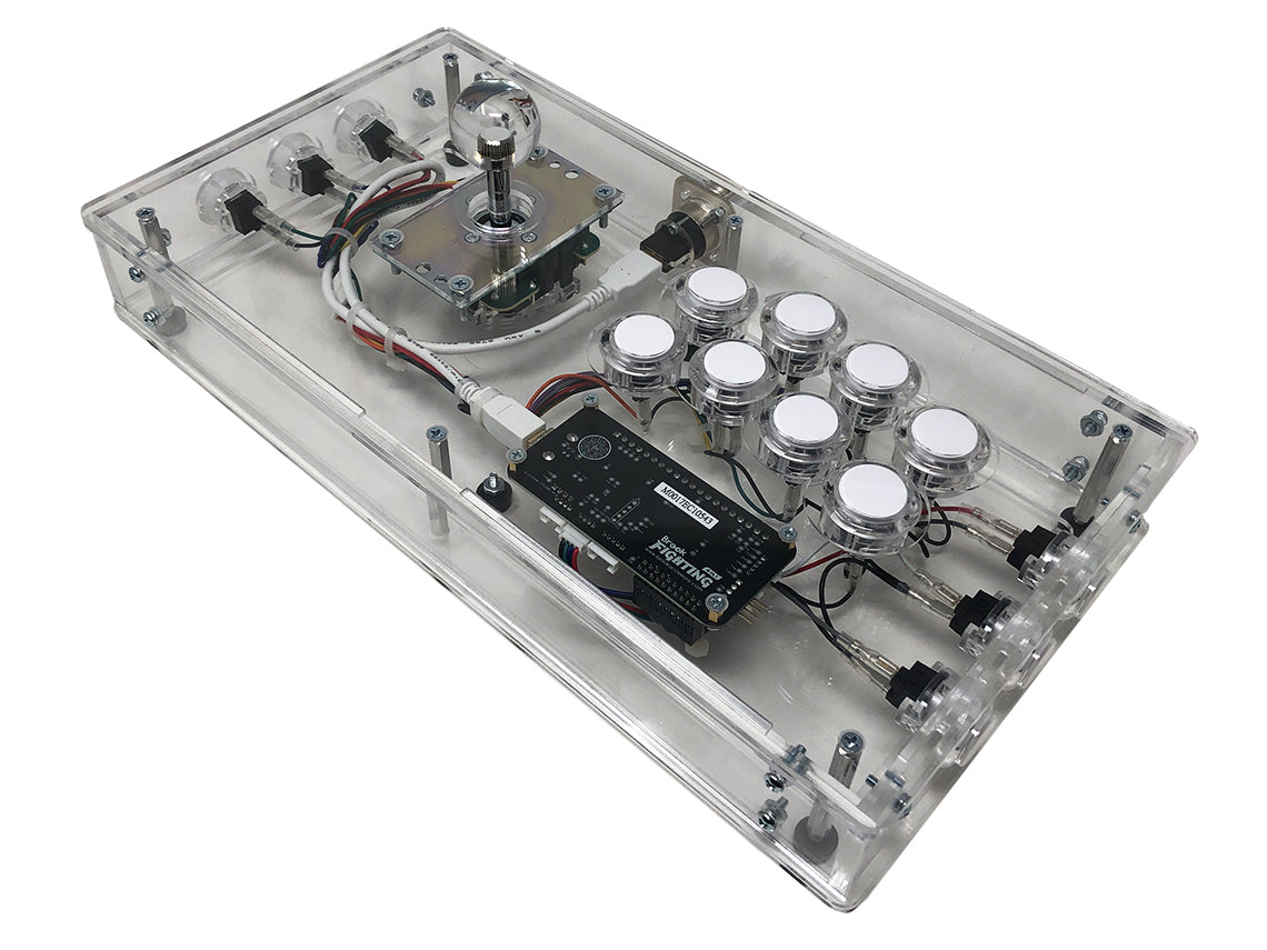 A clear acrylic enclosure for a fightstick with a joystick, multiple buttons, and wiring visible on the inside.